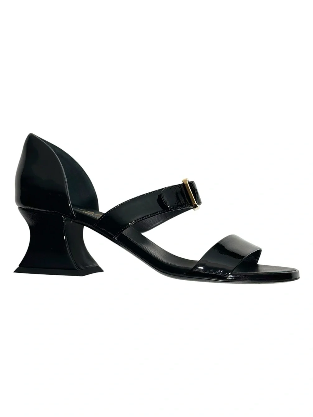 CHANEL Black Patent Goatskin 2022 22S Curved Block Heel Sandal size 36 Authentic